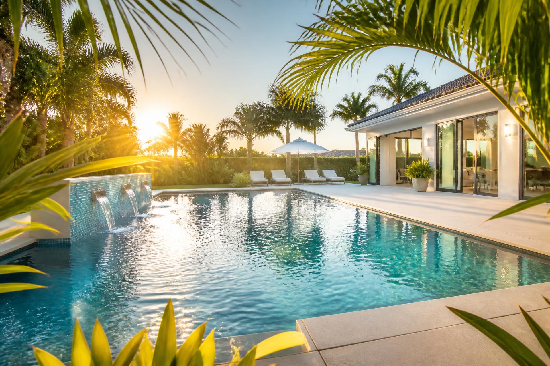 Crystal clear backyard swimming pool surrounded by palm trees at sunset
